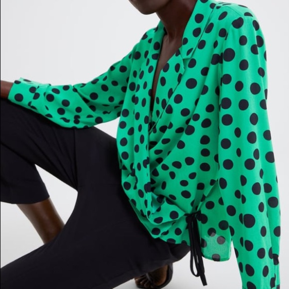 Zara Green Polka Dot Wrap Blouse with Black Dots